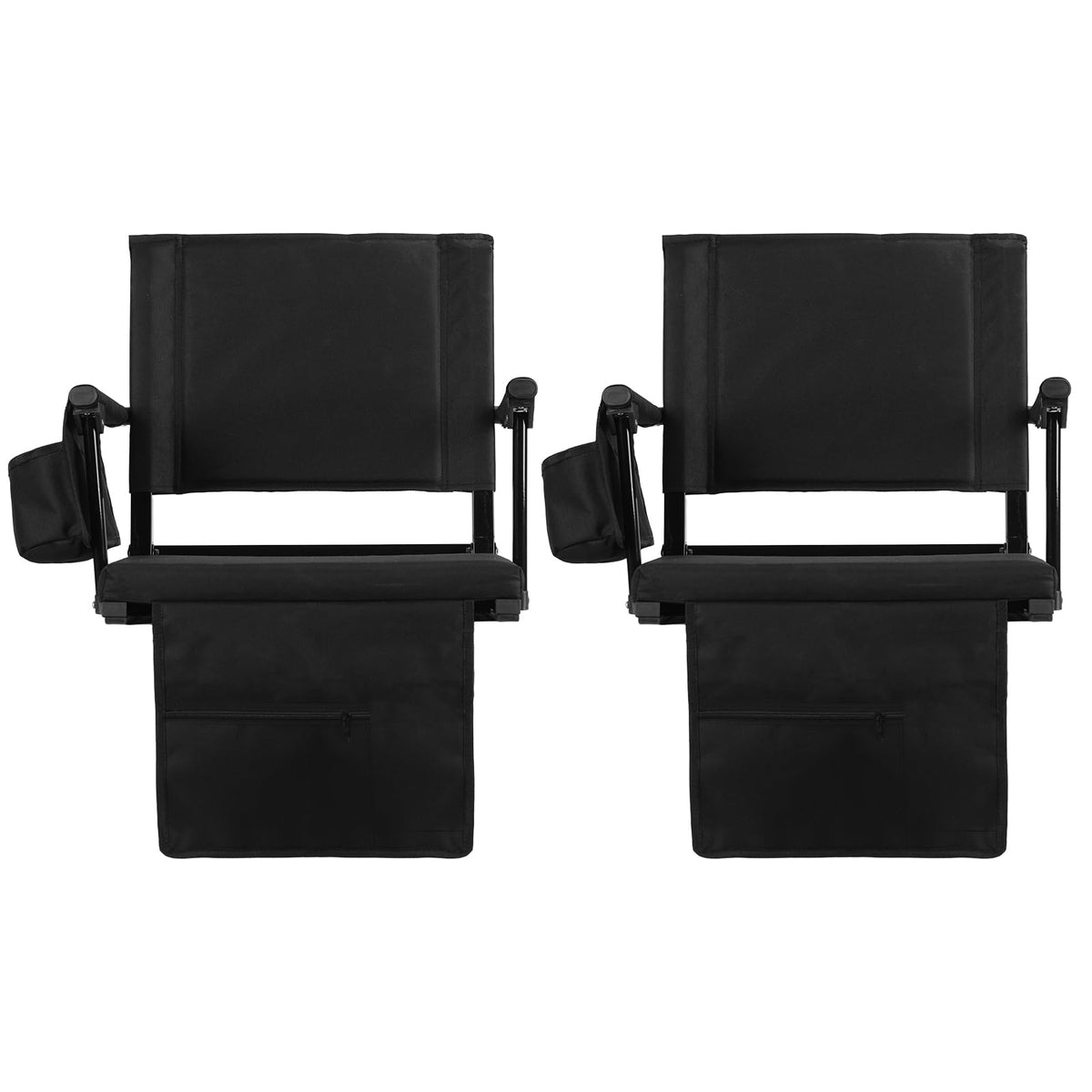 2 Pcs Folding Stadium Seat with Back Support and Cup Holder Black H2484