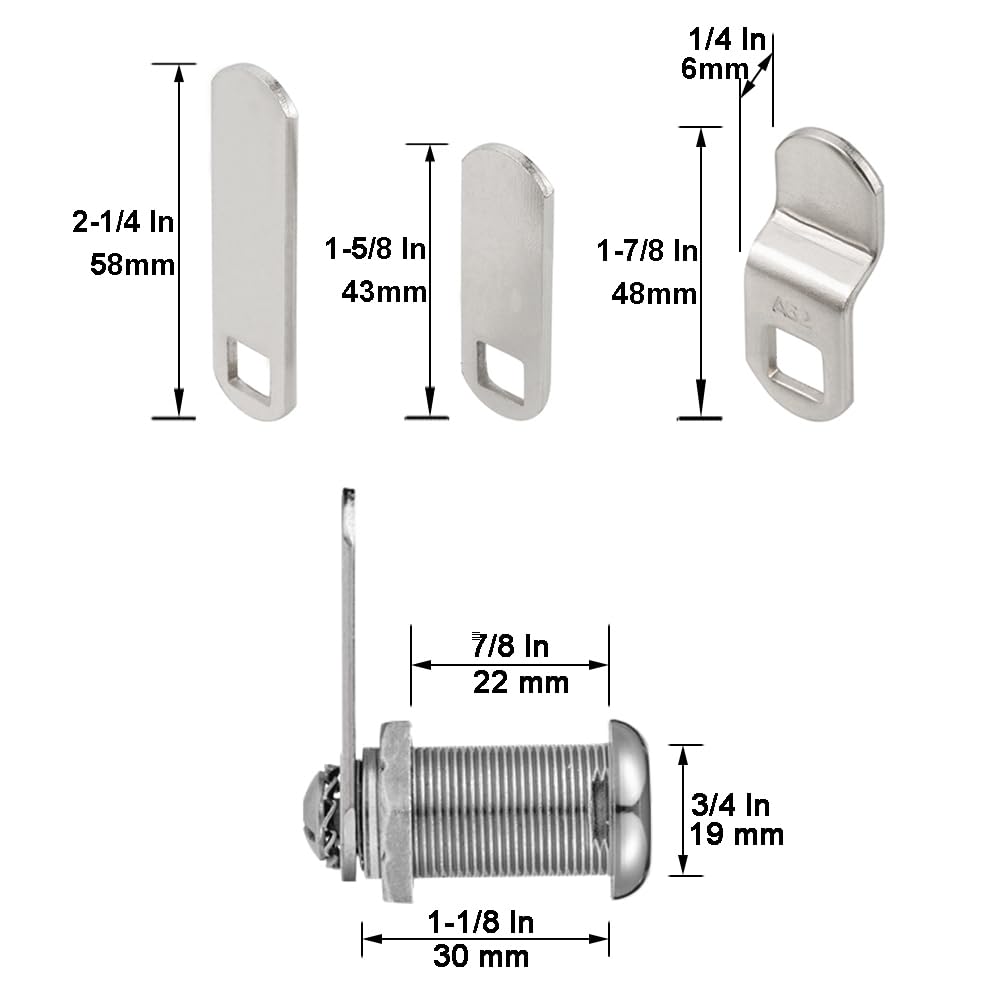Keyed Alike 1-1/8” Cylinder Cam Locks Chrome Finish with 3 Cams and 2 Keys P69266