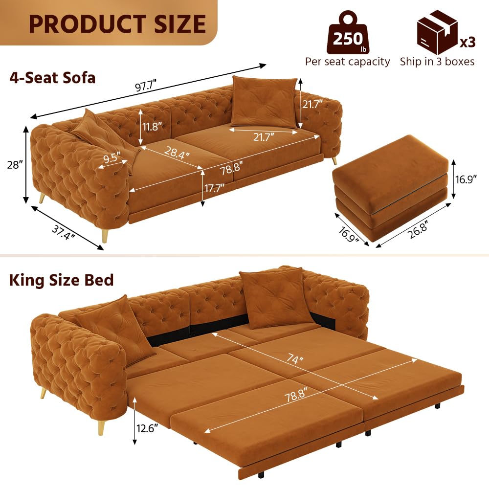 Orange Velvet Convertible Sleeper Sofa with Ottoman B92787