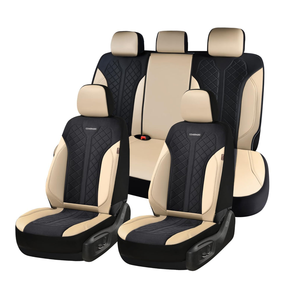 Beige 5-Piece PU Leather Mesh Car Seat Covers H55412