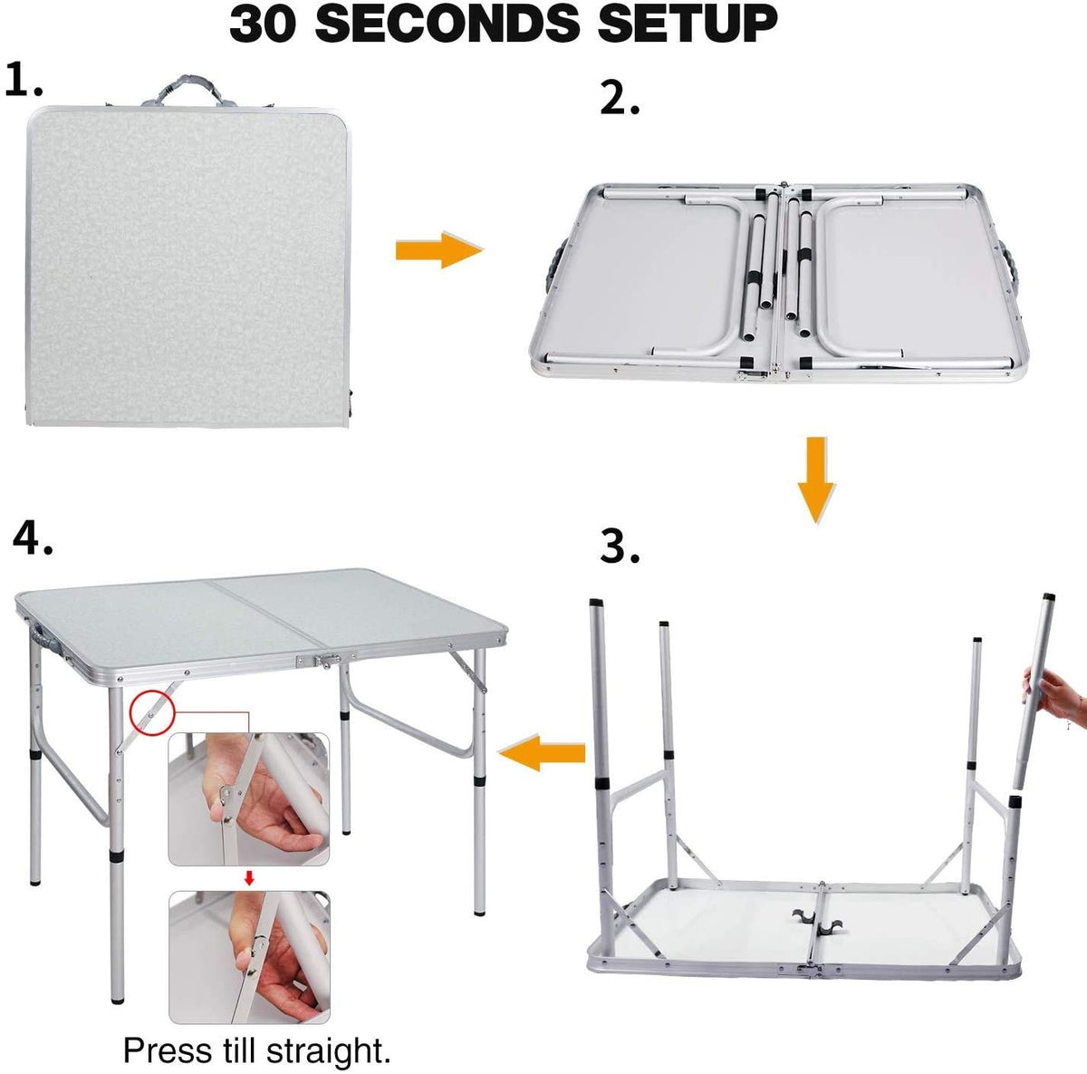 Aluminum Folding Table 4 Foot, Adjustable Height Lightweight Portable Camping Table for Picnic Beach Outdoor Indoor, White 48 x 24 inches A308