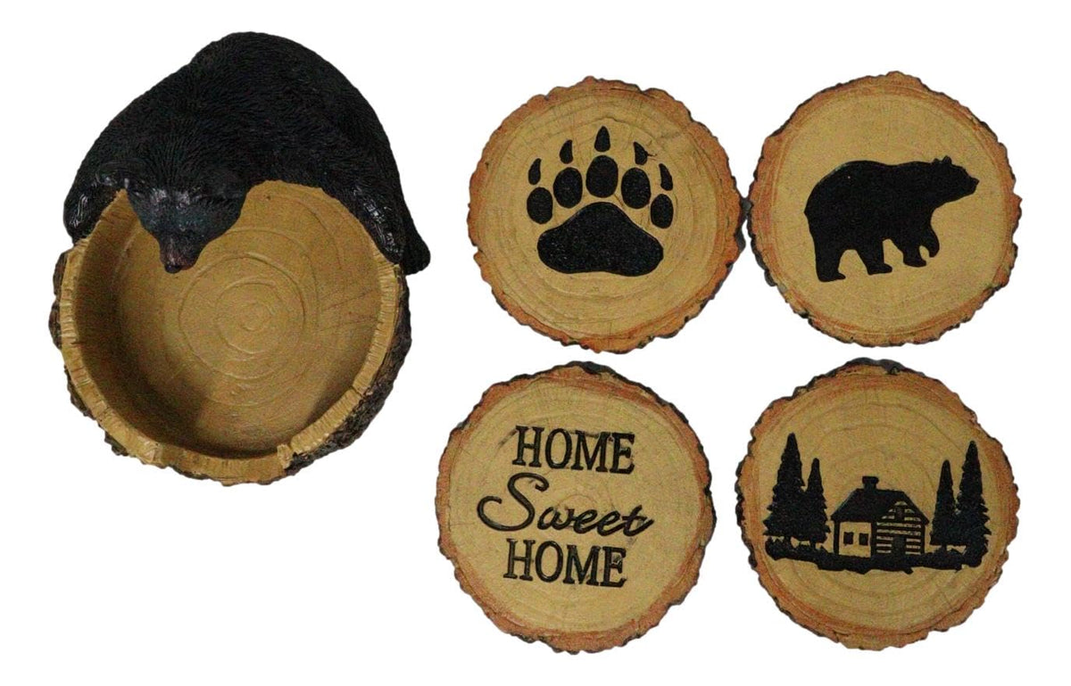 Black Bear Tree Trunk Coaster Holder with 4 Coasters S7383