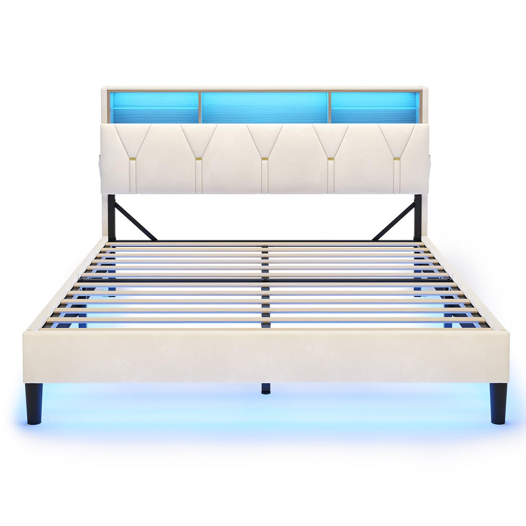 Full Size Bed Frame with Storage Headboard and LED Lights Y77928
