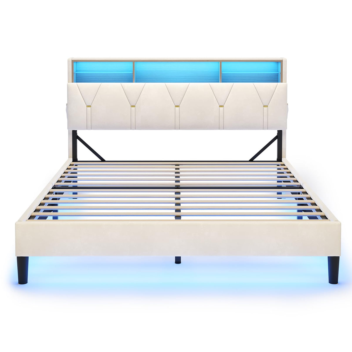 Full Size Bed Frame with Storage Headboard and LED Lights Y77928