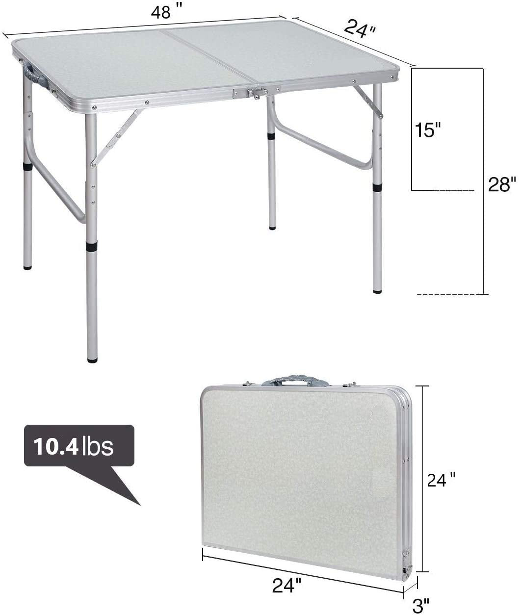 Aluminum Folding Table 4 Foot, Adjustable Height Lightweight Portable Camping Table for Picnic Beach Outdoor Indoor, White 48 x 24 inches A308