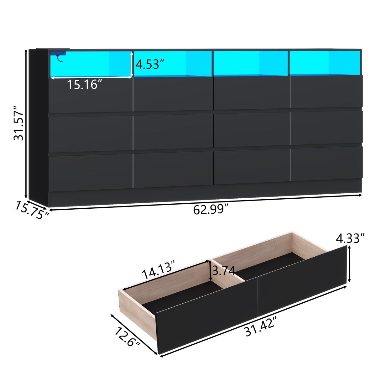 Black 12-Cell Divided Drawers Dresser with Charging Station Q898695