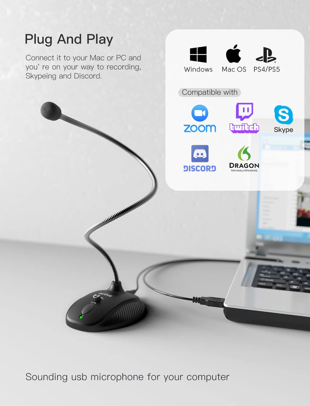 USB Computer Microphone, Plug & Play Desktop Condenser Mic, Mute Button with LED Indicator F5716