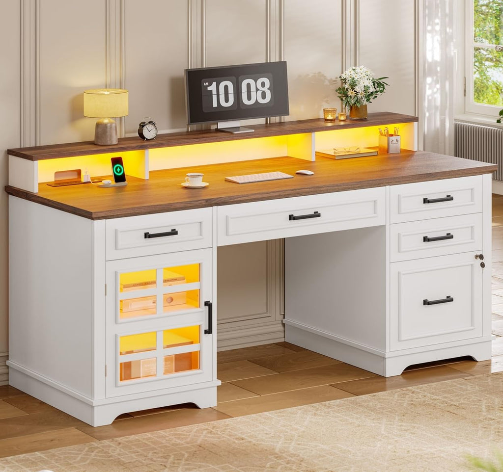 White Wood Executive Desk with Drawers and Storage Cabinet E747443