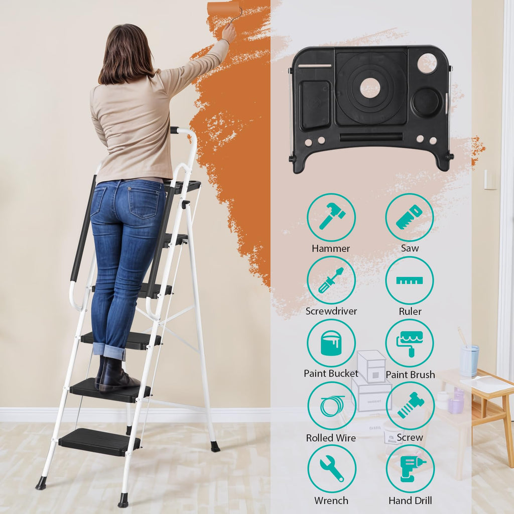5 Step White Foldable Steel Step Stool with Handrail R9628