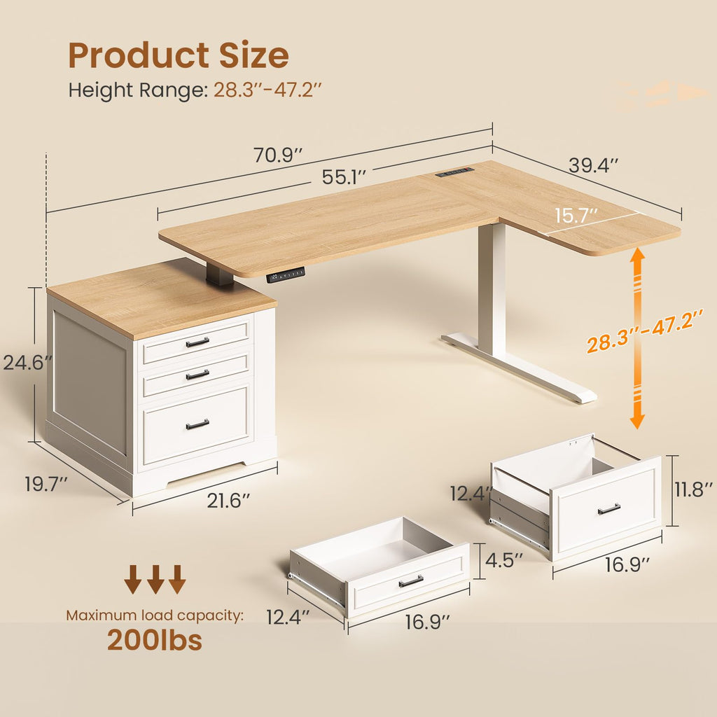 L Shaped Height Adjustable Standing Desk with 3 Drawers H263552