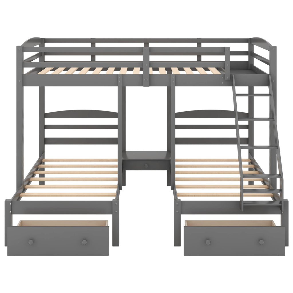 Full Over 2 Twin Wood Triple Bunk Bed with 3 Drawers and Guardrails A923533