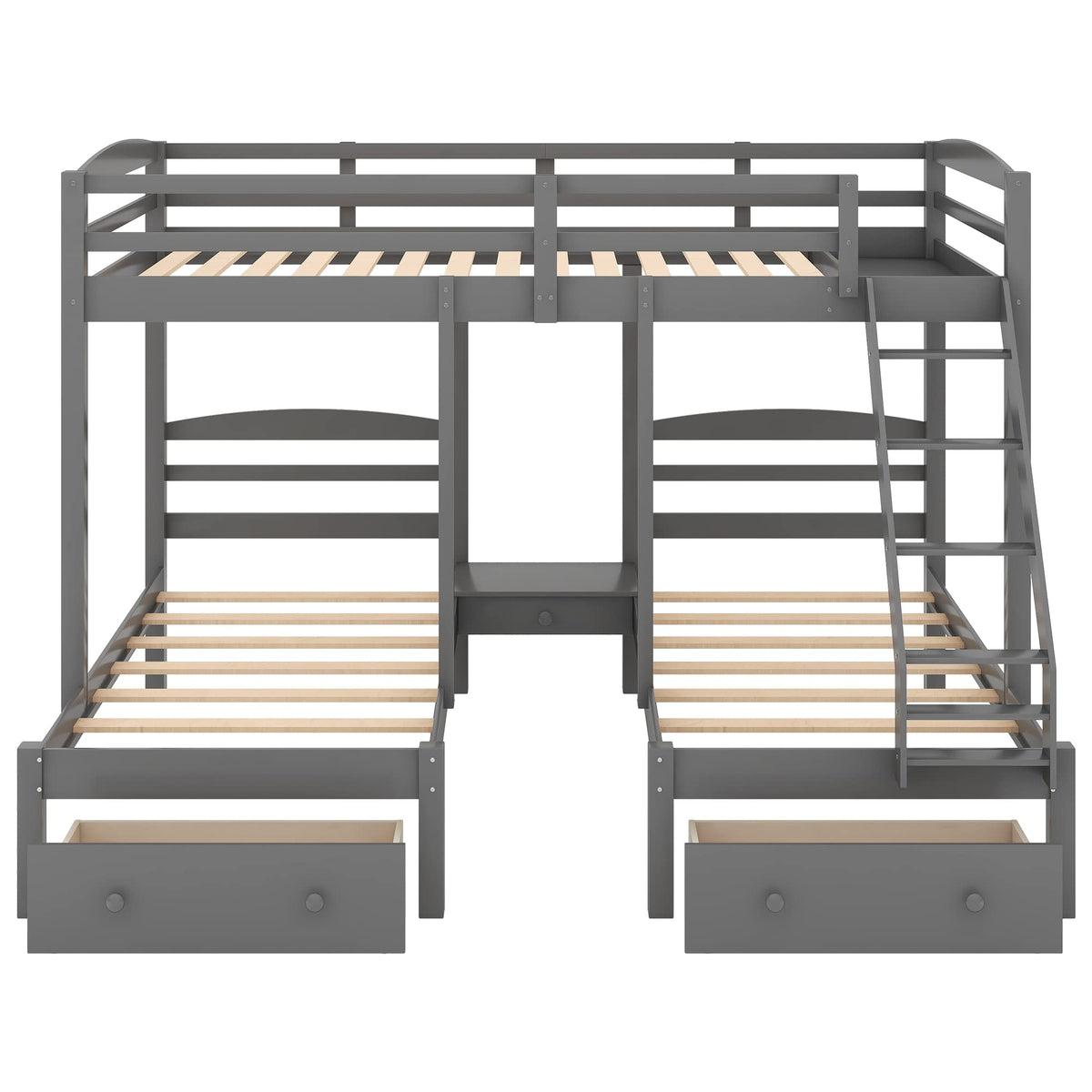 Full Over 2 Twin Wood Triple Bunk Bed with 3 Drawers and Guardrails A923533