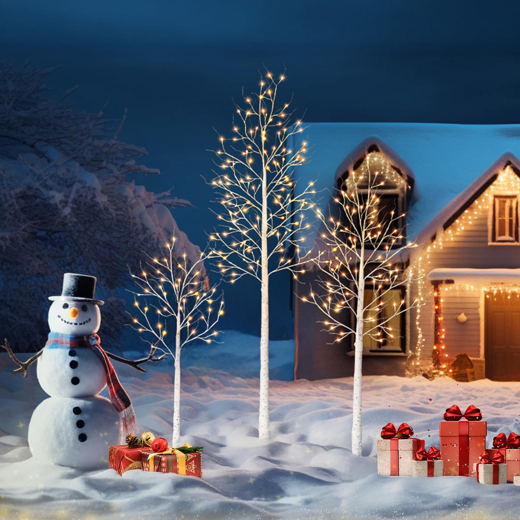 White Birch Tree with Lights Set of 3 Christmas Decorations with Warm White Lights S98570