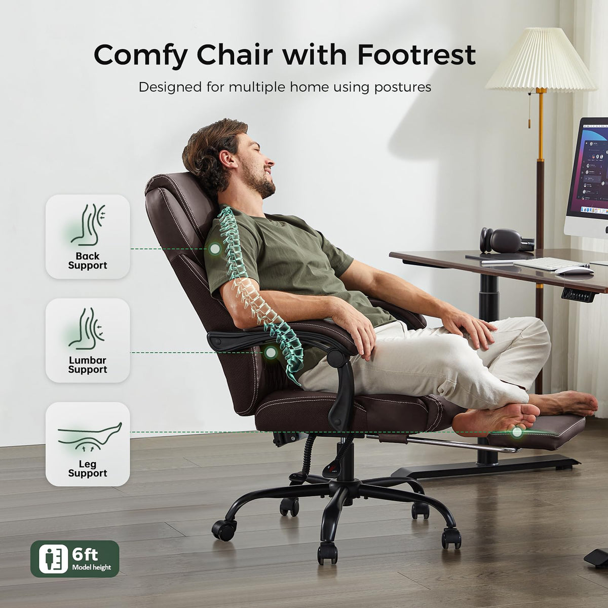 Big and Tall Office Chair with Footrest, Lumbar Support, Brown U4879