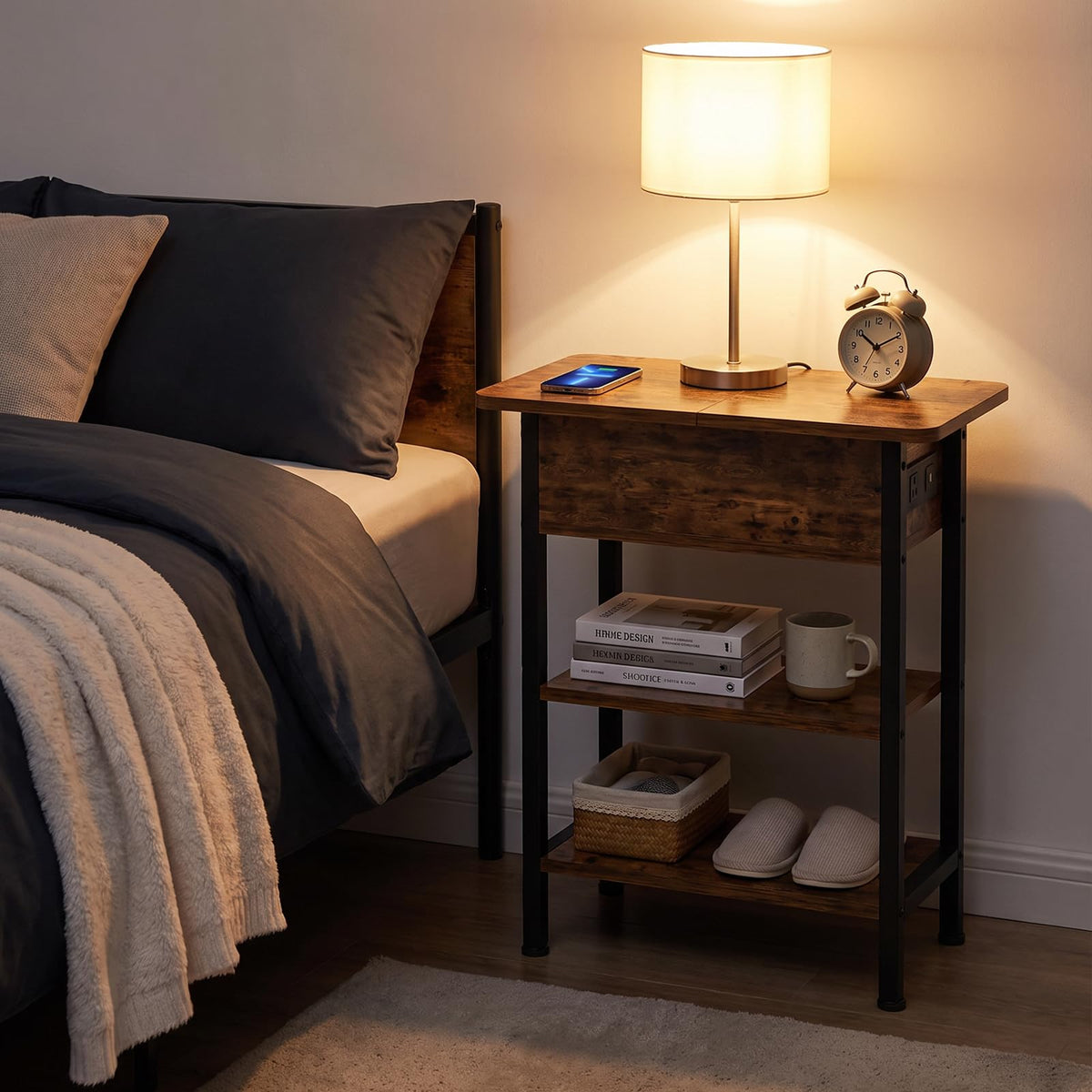 End Table with Charging Station, 3-Tier Storage Nightstand Q178