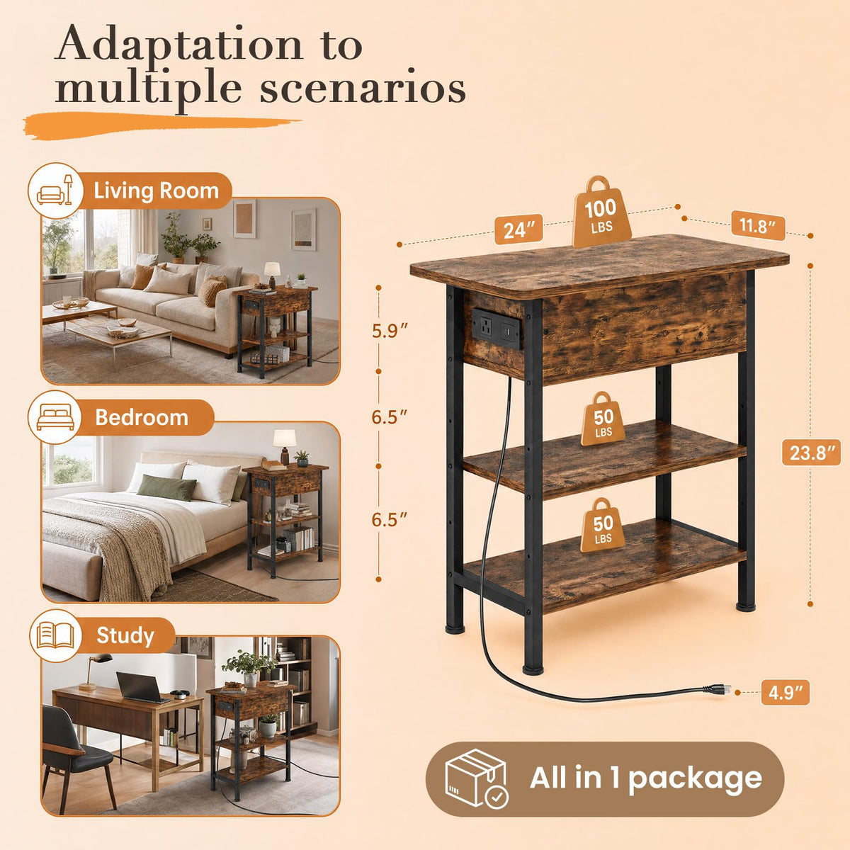 End Table with Charging Station, 3-Tier Storage Nightstand Q178