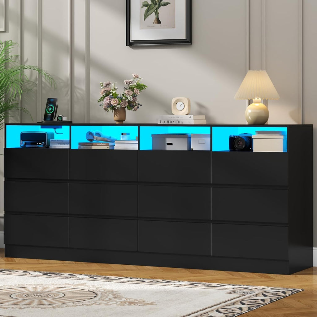 Black 12-Cell Divided Drawers Dresser with Charging Station Q898695