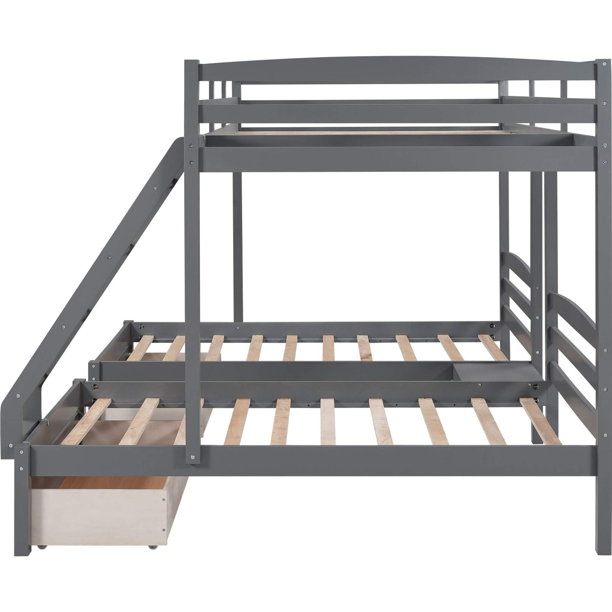 Full Over 2 Twin Wood Triple Bunk Bed with 3 Drawers and Guardrails A923533