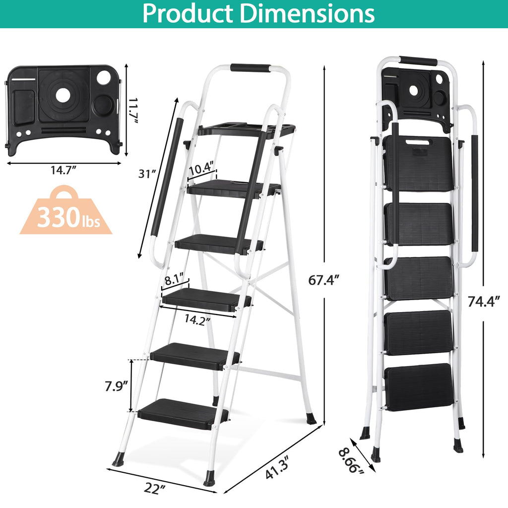 5 Step White Foldable Steel Step Stool with Handrail R9628