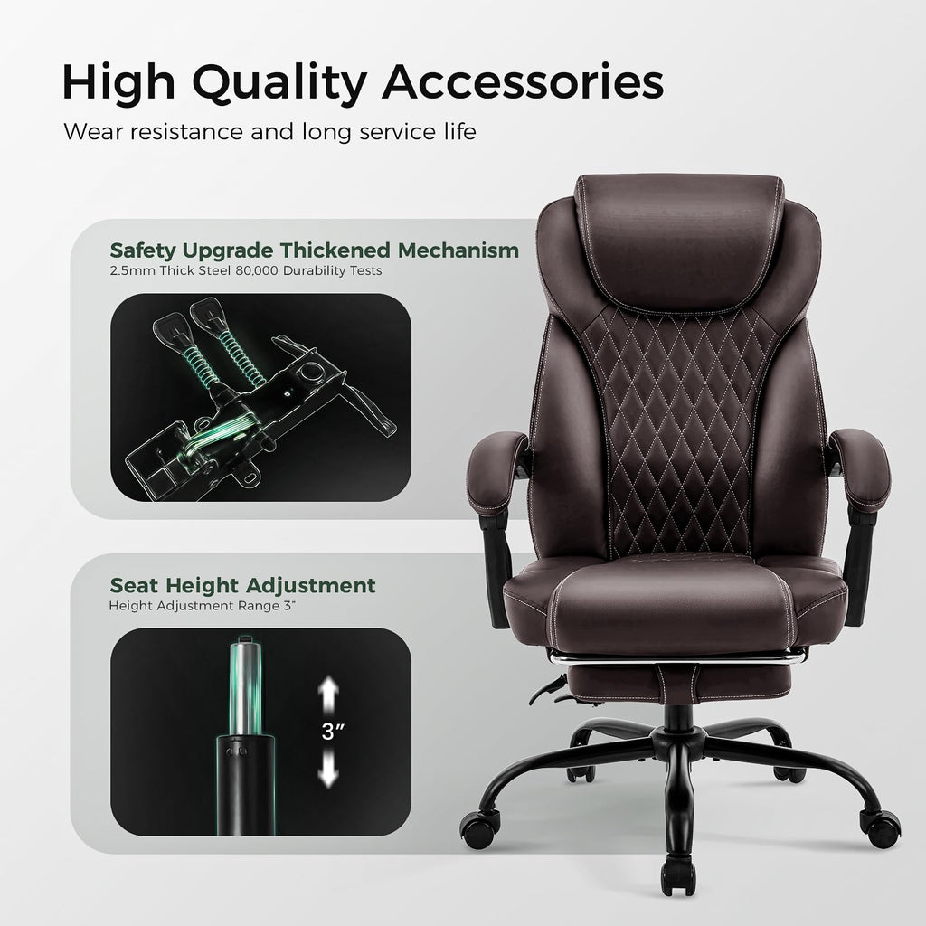 Big and Tall Office Chair with Footrest, Lumbar Support, Brown U4879