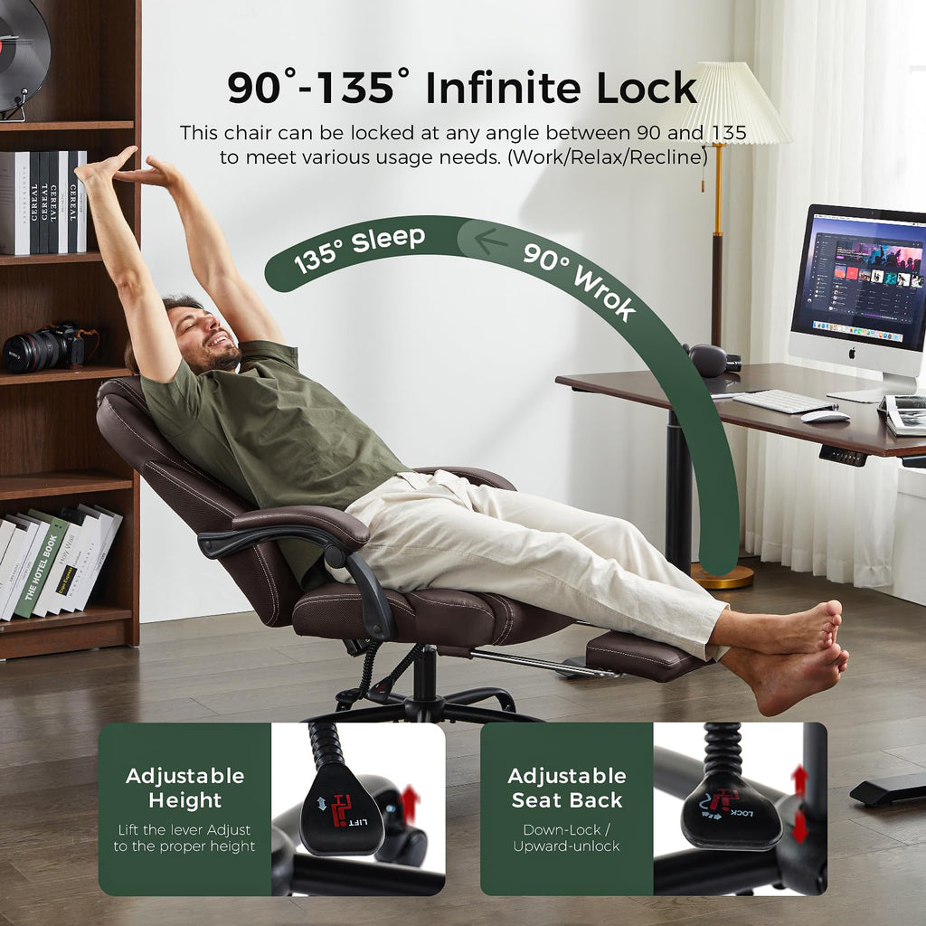 Big and Tall Office Chair with Footrest, Lumbar Support, Brown U4879