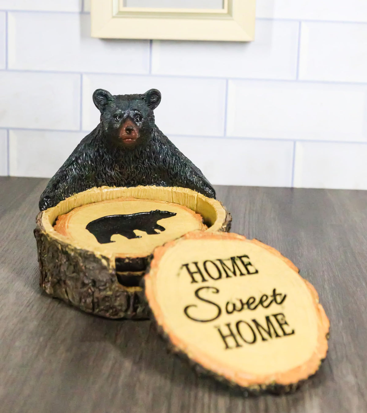Black Bear Tree Trunk Coaster Holder with 4 Coasters S7383