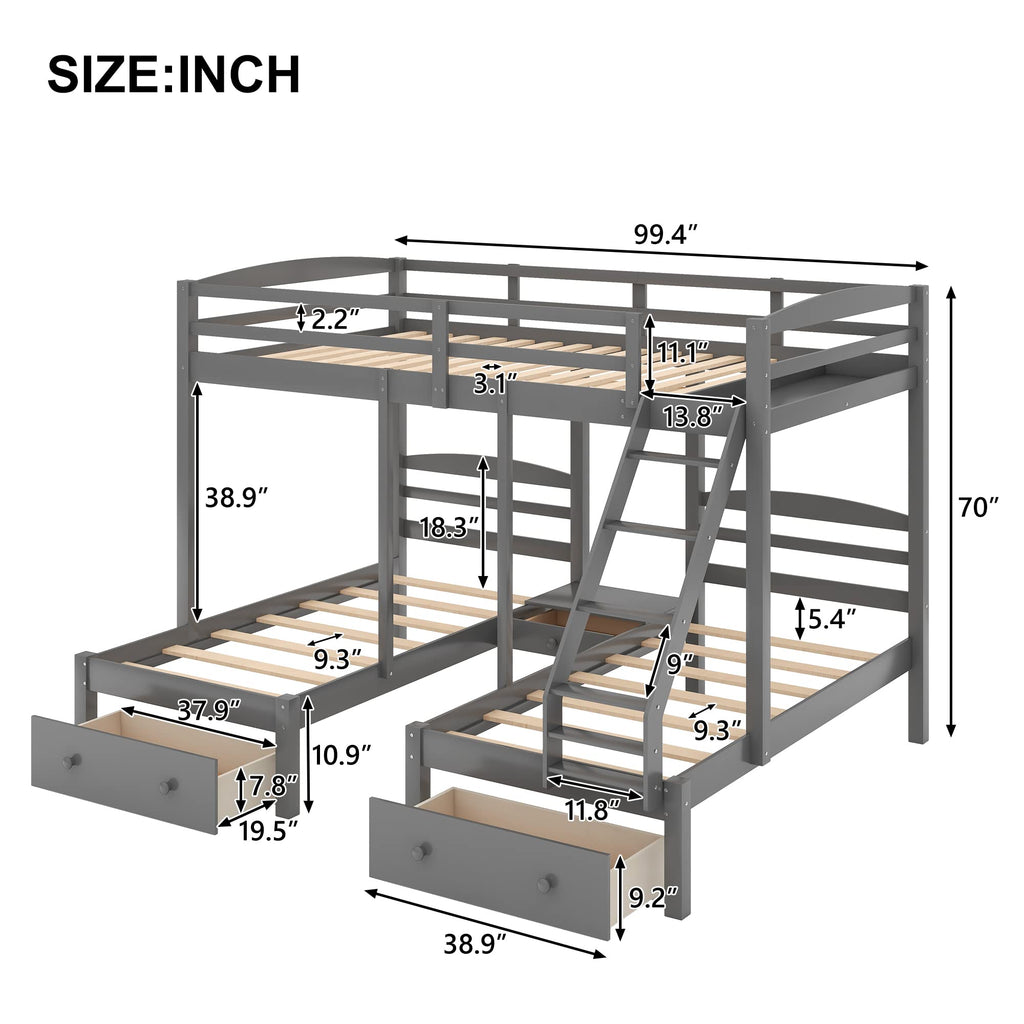 Full Over 2 Twin Wood Triple Bunk Bed with 3 Drawers and Guardrails A923533