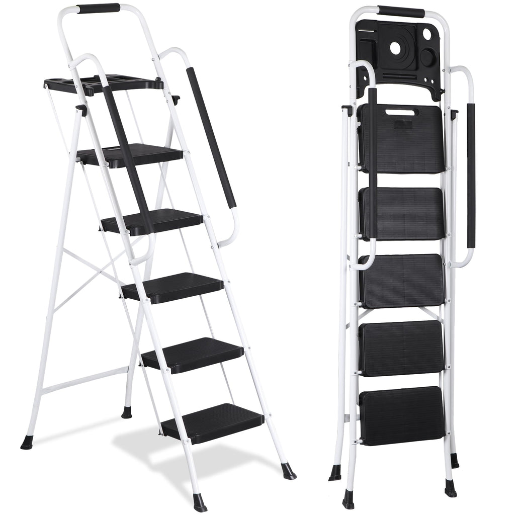 5 Step White Foldable Steel Step Stool with Handrail R9628