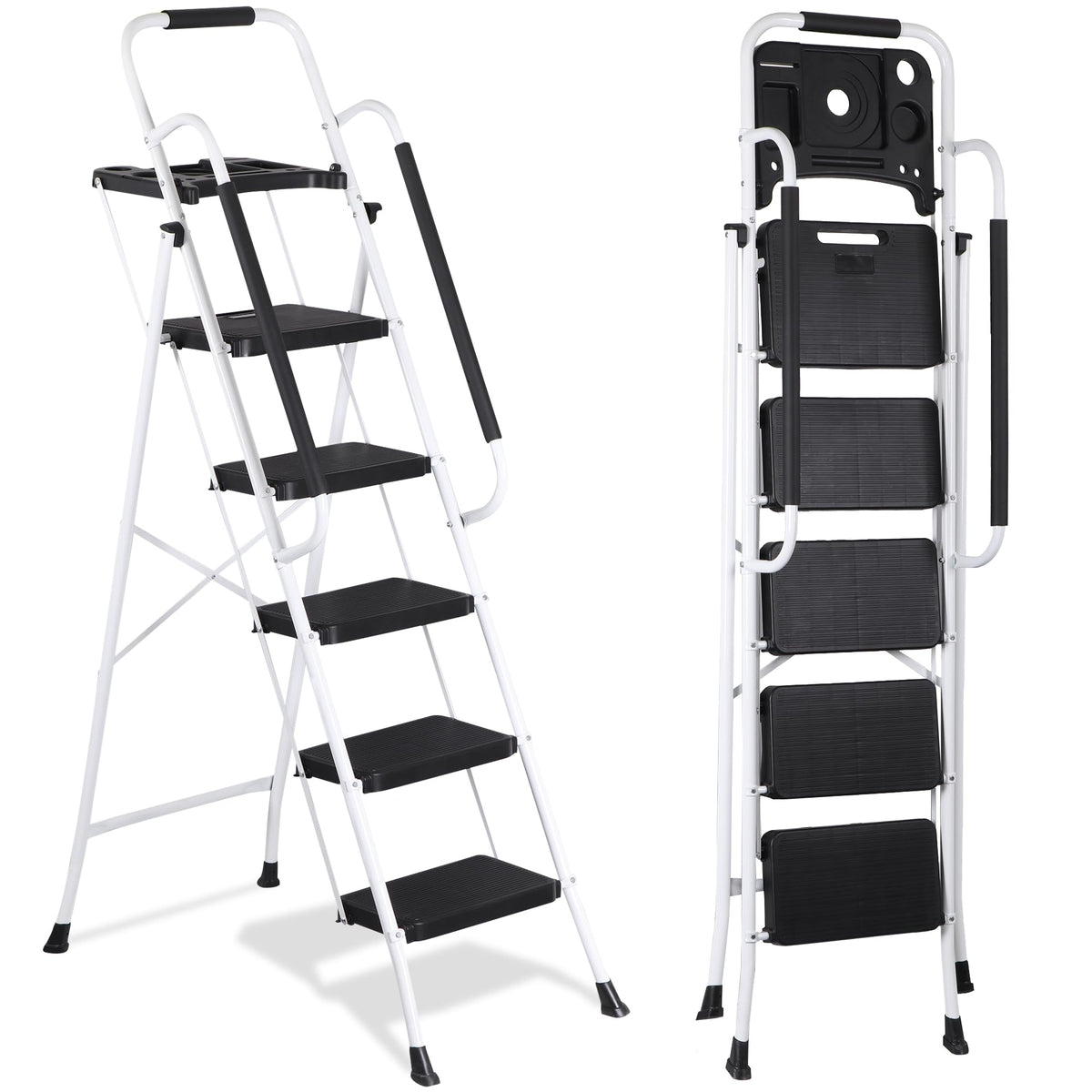 5 Step White Foldable Steel Step Stool with Handrail R9628