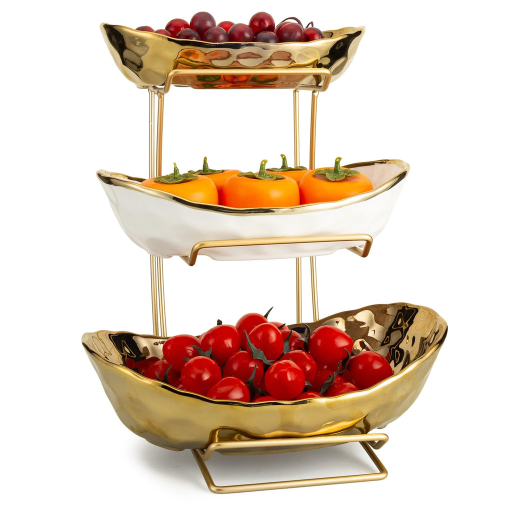 3-Tier Gold Fruit Bowl & Tray with Metal Stand I458080