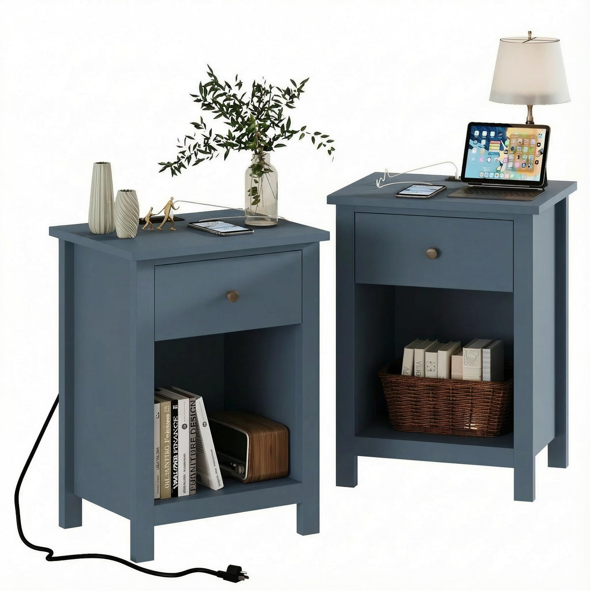 Farmhouse Nightstand with Charging Station Set of 2 Q8534
