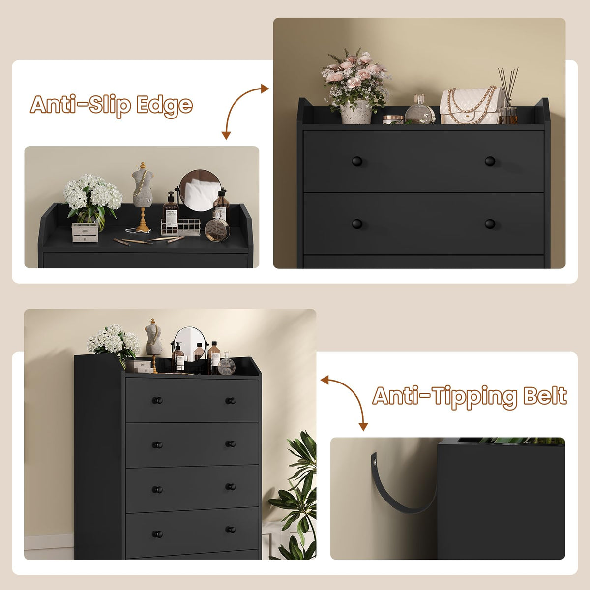 6 Drawer Tall Black Dresser H416
