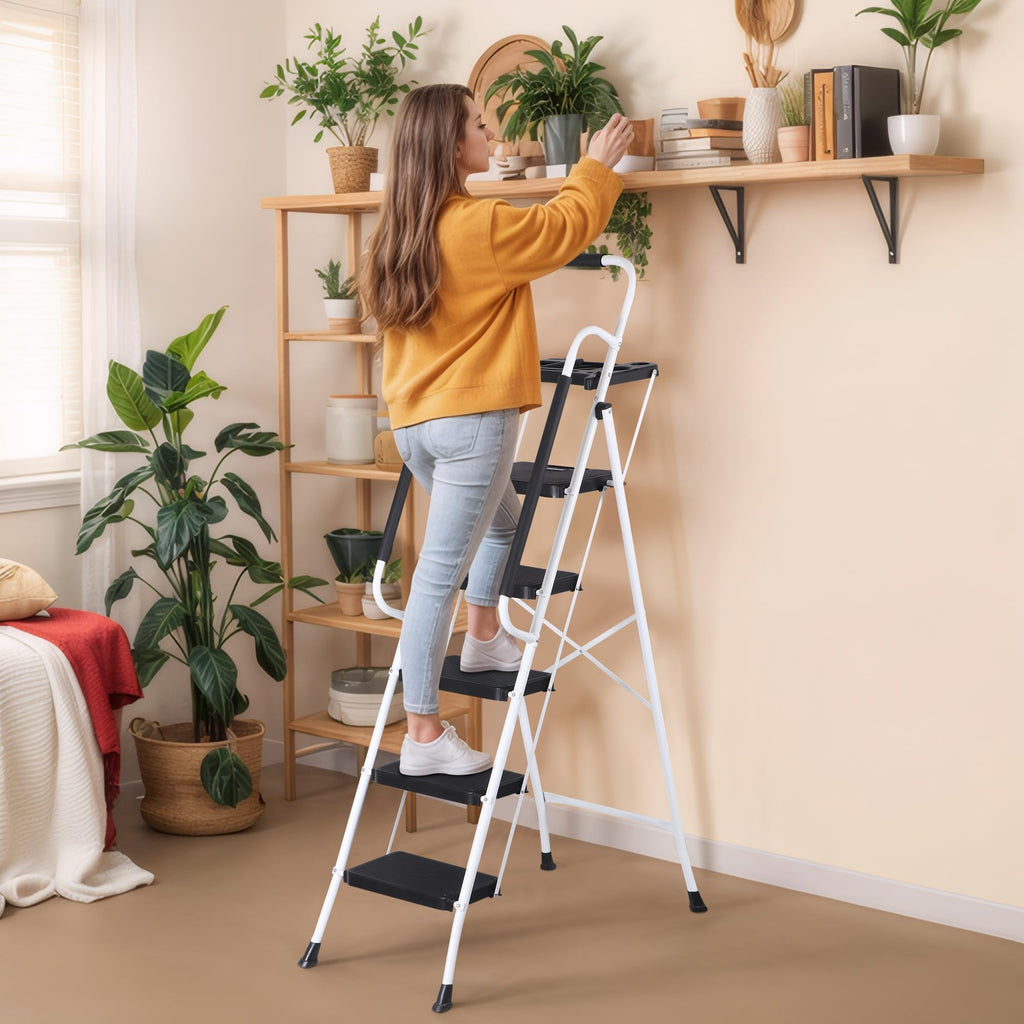 5 Step White Foldable Steel Step Stool with Handrail R9628