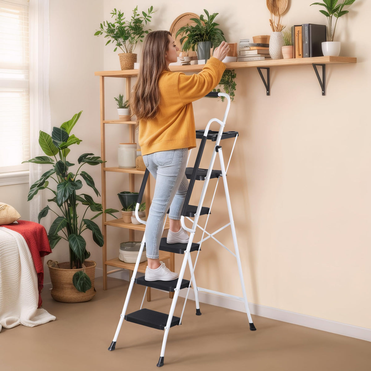 5 Step White Foldable Steel Step Stool with Handrail R9628