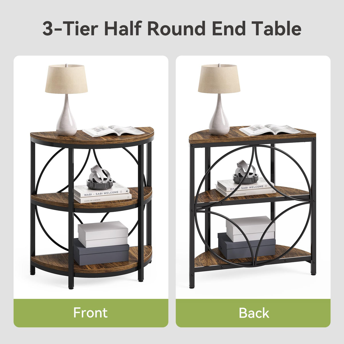 Half Round 3-Tier Narrow Side Table with Metal Frame V925787