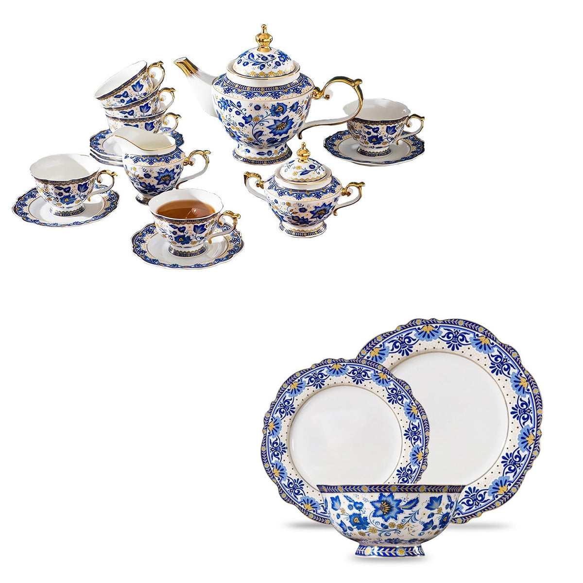 Bone China Tea Set for 6, 12 Pieces Blue and White O610