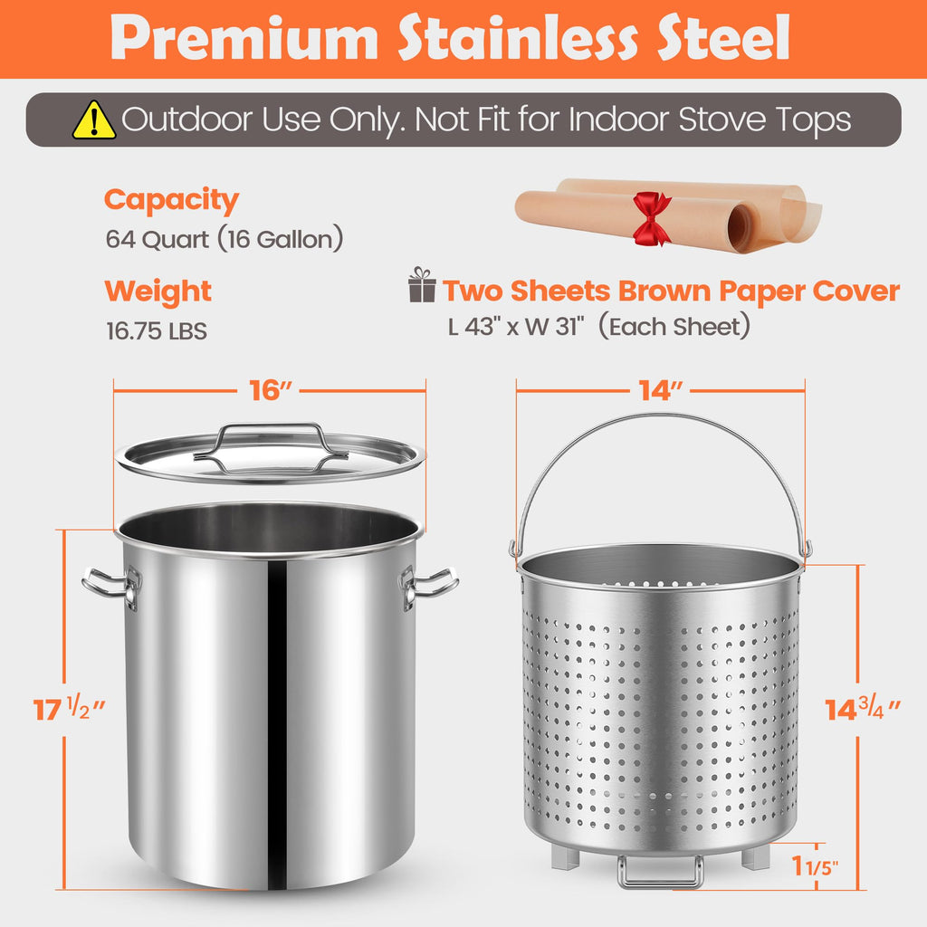 64 QT Stainless Steel Seafood Boil Pot with Basket L777