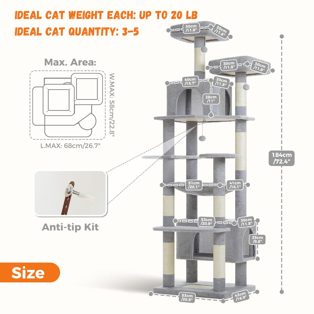 72" Cat Tree with Hammock & Condos G6873