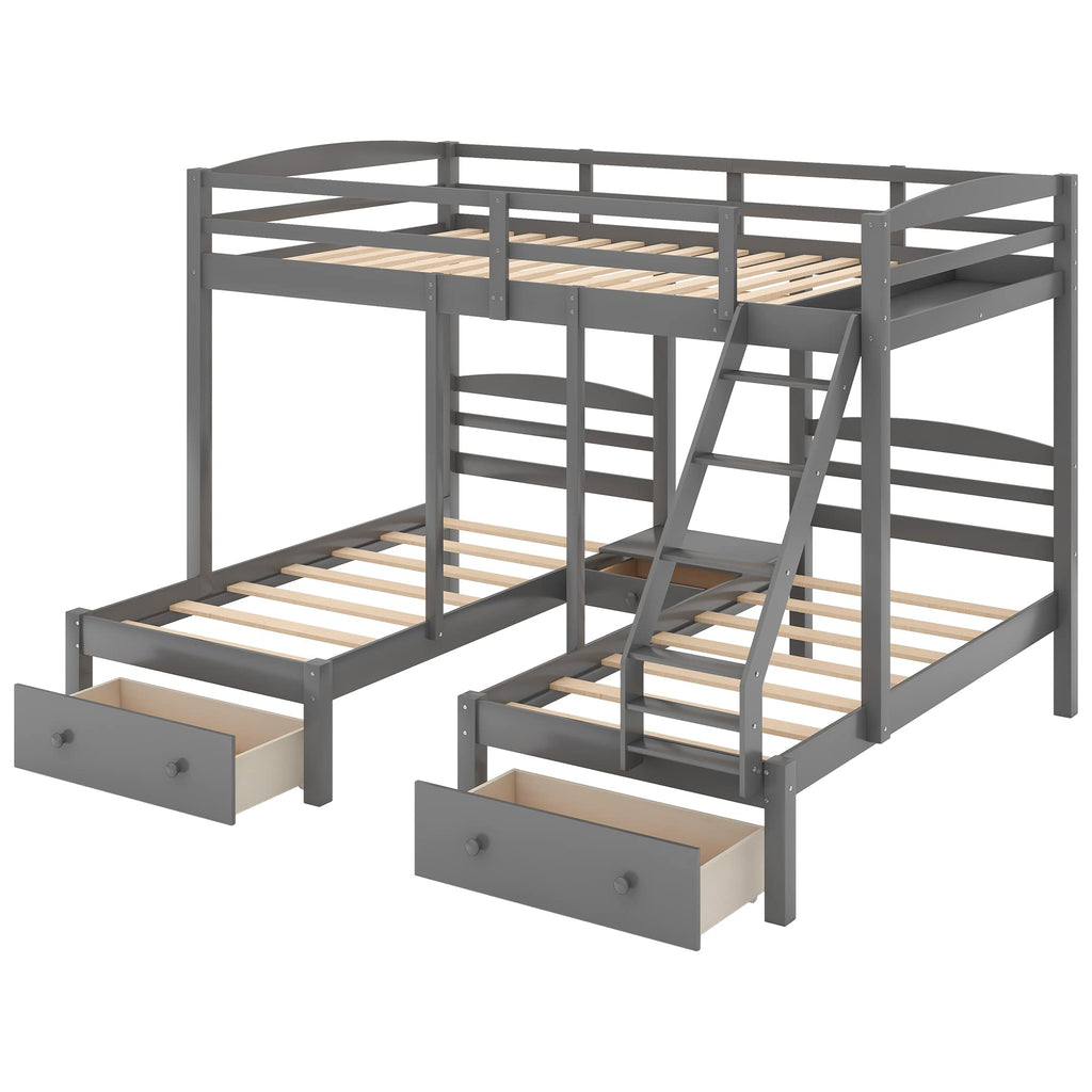 Full Over 2 Twin Wood Triple Bunk Bed with 3 Drawers and Guardrails A923533