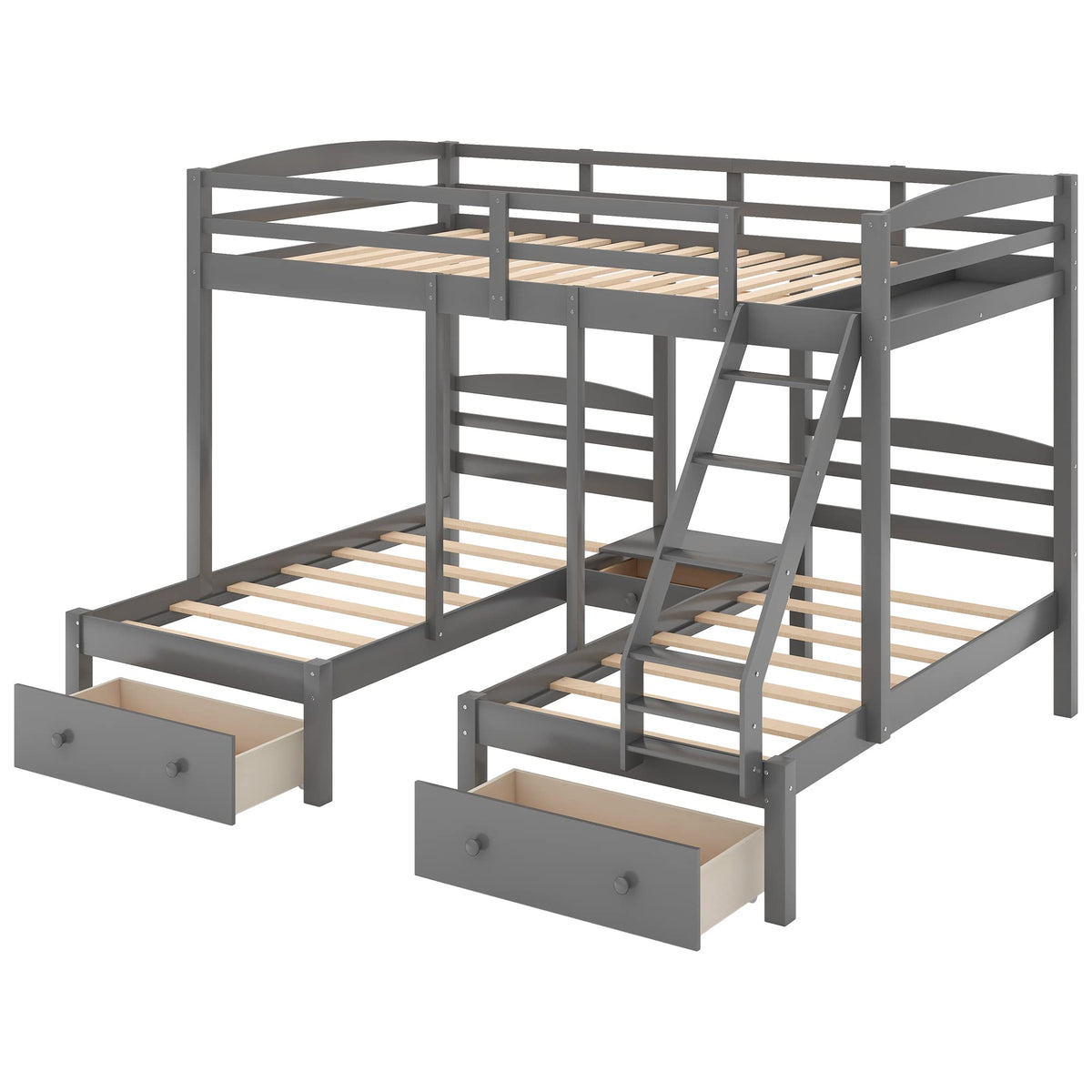 Full Over 2 Twin Wood Triple Bunk Bed with 3 Drawers and Guardrails A923533