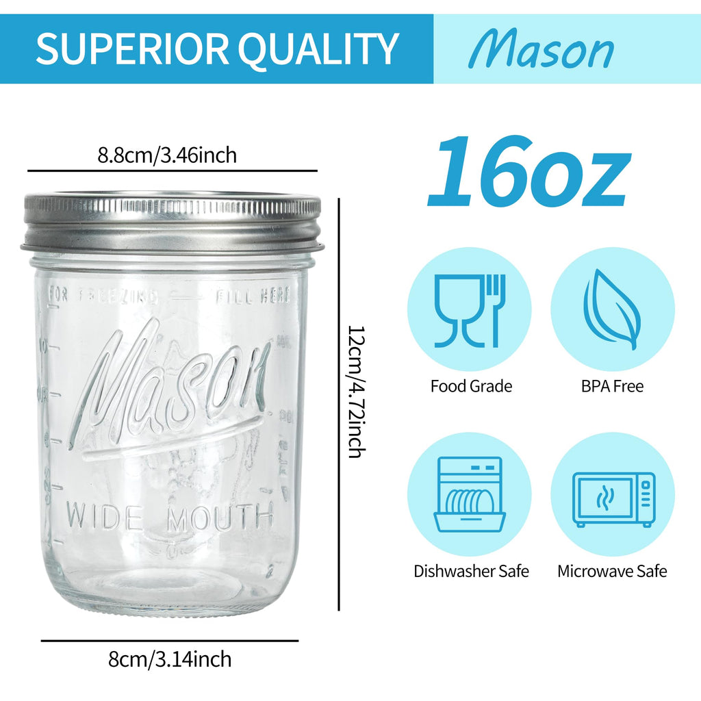 16 oz Wide Mouth Glass Mason Jars with Lids 8 Pack K71325