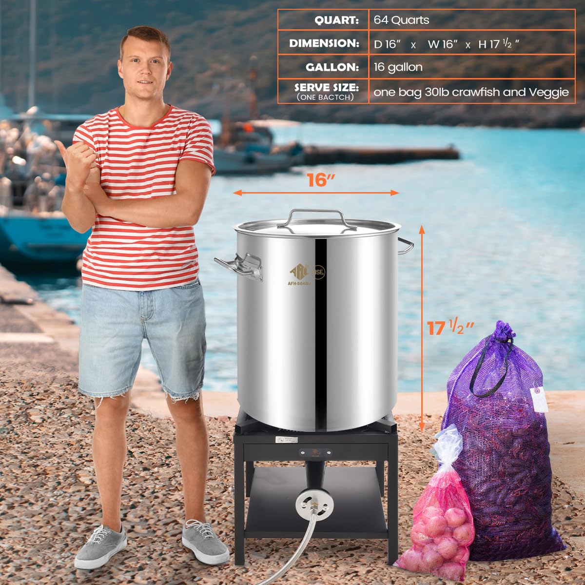 64 QT Stainless Steel Seafood Boil Pot with Basket L777