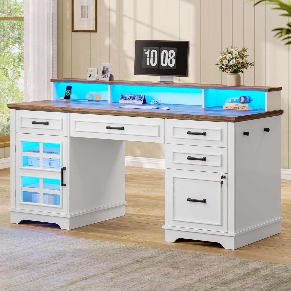 White Wood Executive Desk with Drawers and Storage Cabinet E747443
