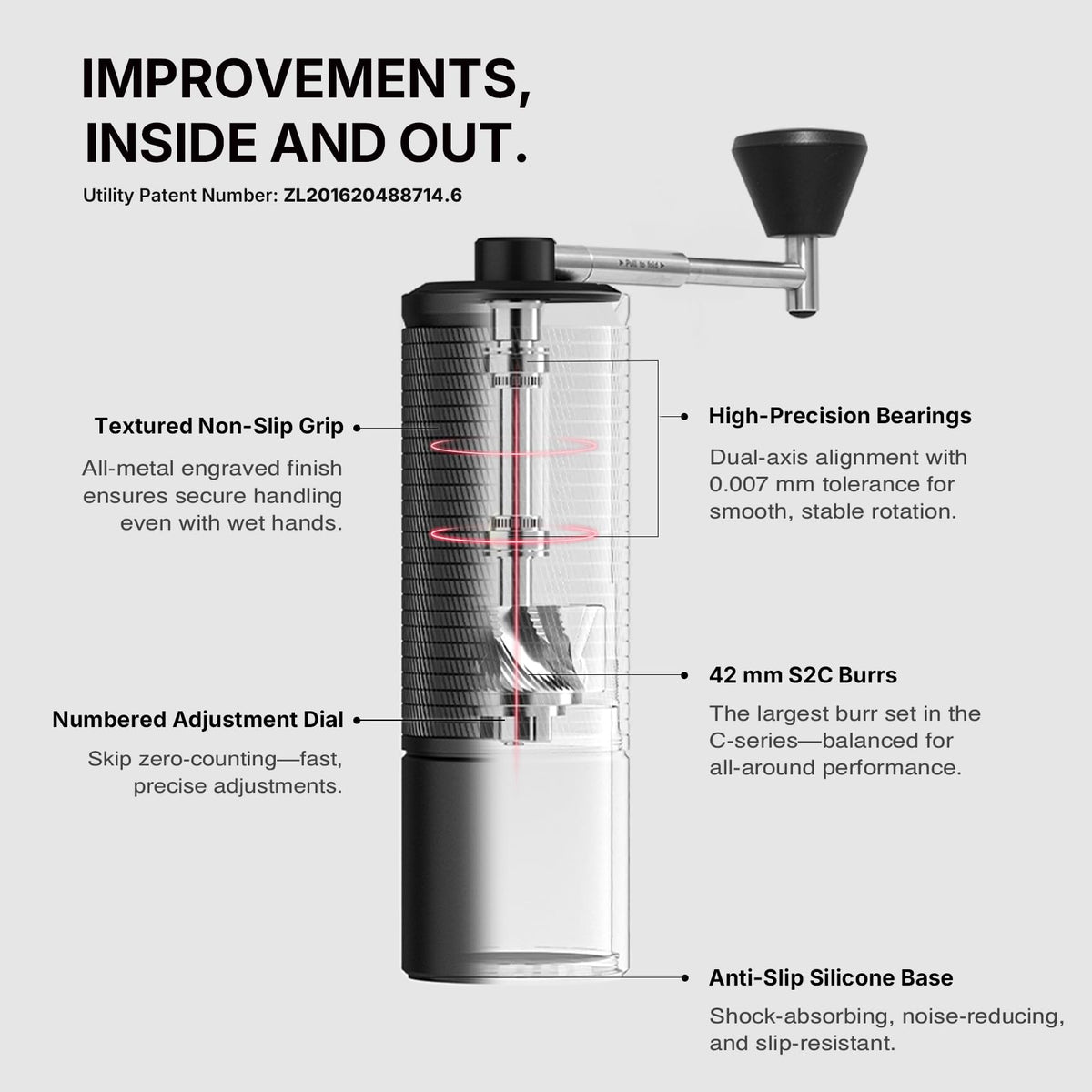 Manual Coffee Grinder with Conical Burr, Portable Hand Coffee Mill - Black S601