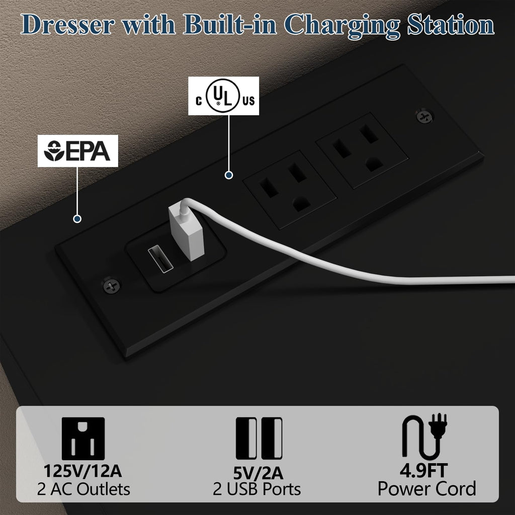 Black 12-Cell Divided Drawers Dresser with Charging Station Q898695