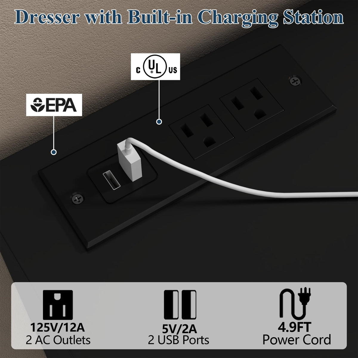 Black 12-Cell Divided Drawers Dresser with Charging Station Q898695