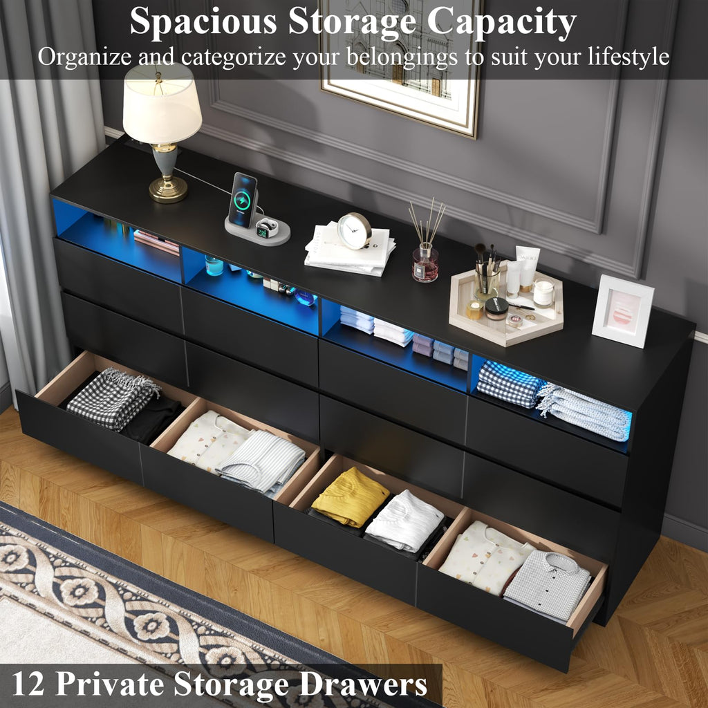 Black 12-Cell Divided Drawers Dresser with Charging Station Q898695