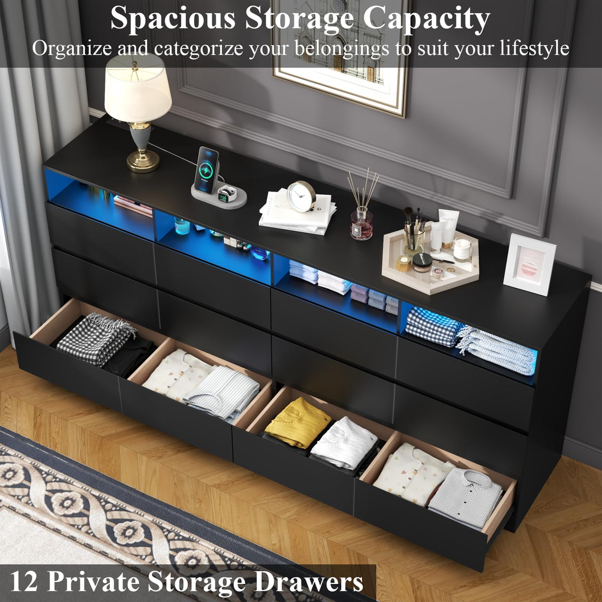 Black 12-Cell Divided Drawers Dresser with Charging Station Q898695