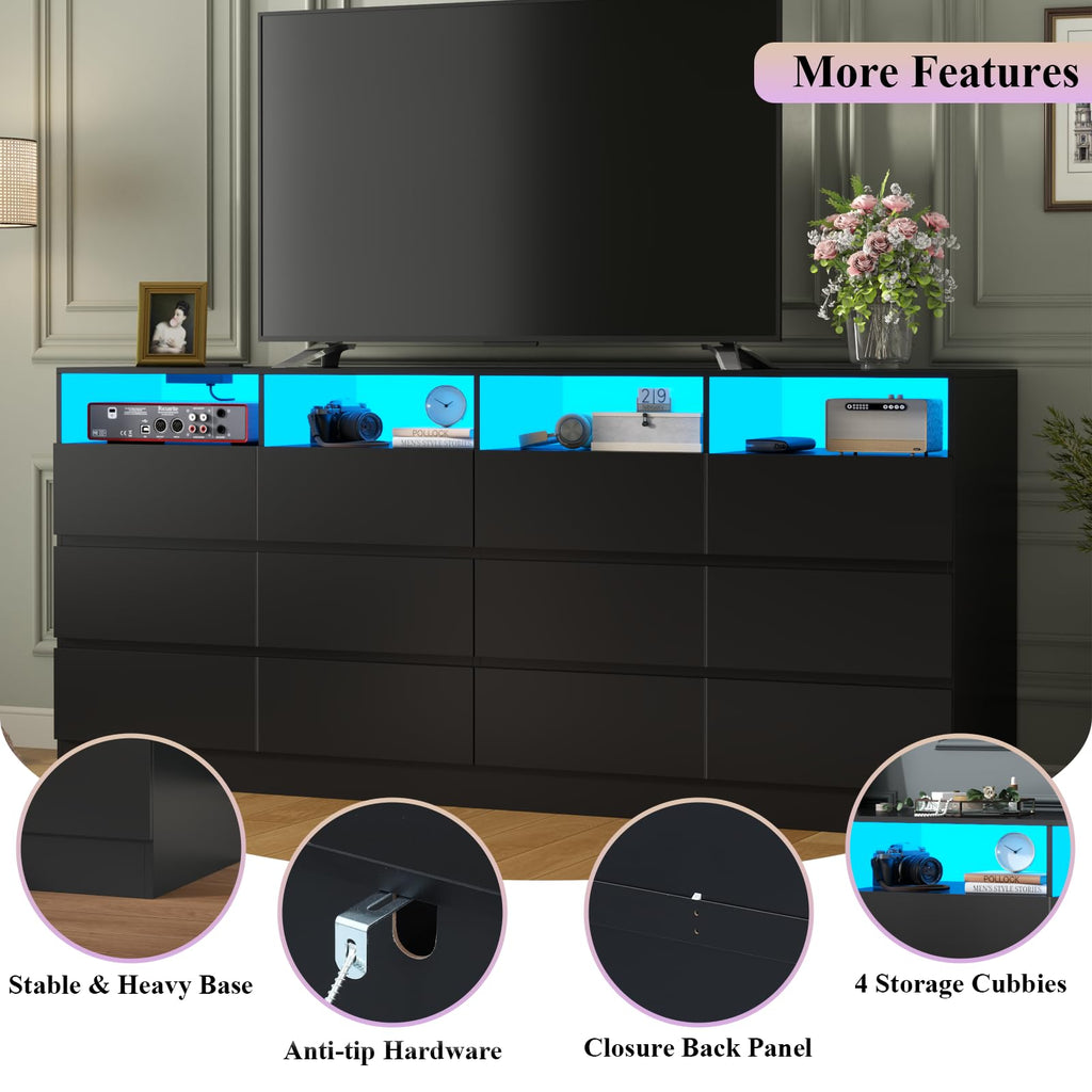 Black 12-Cell Divided Drawers Dresser with Charging Station Q898695