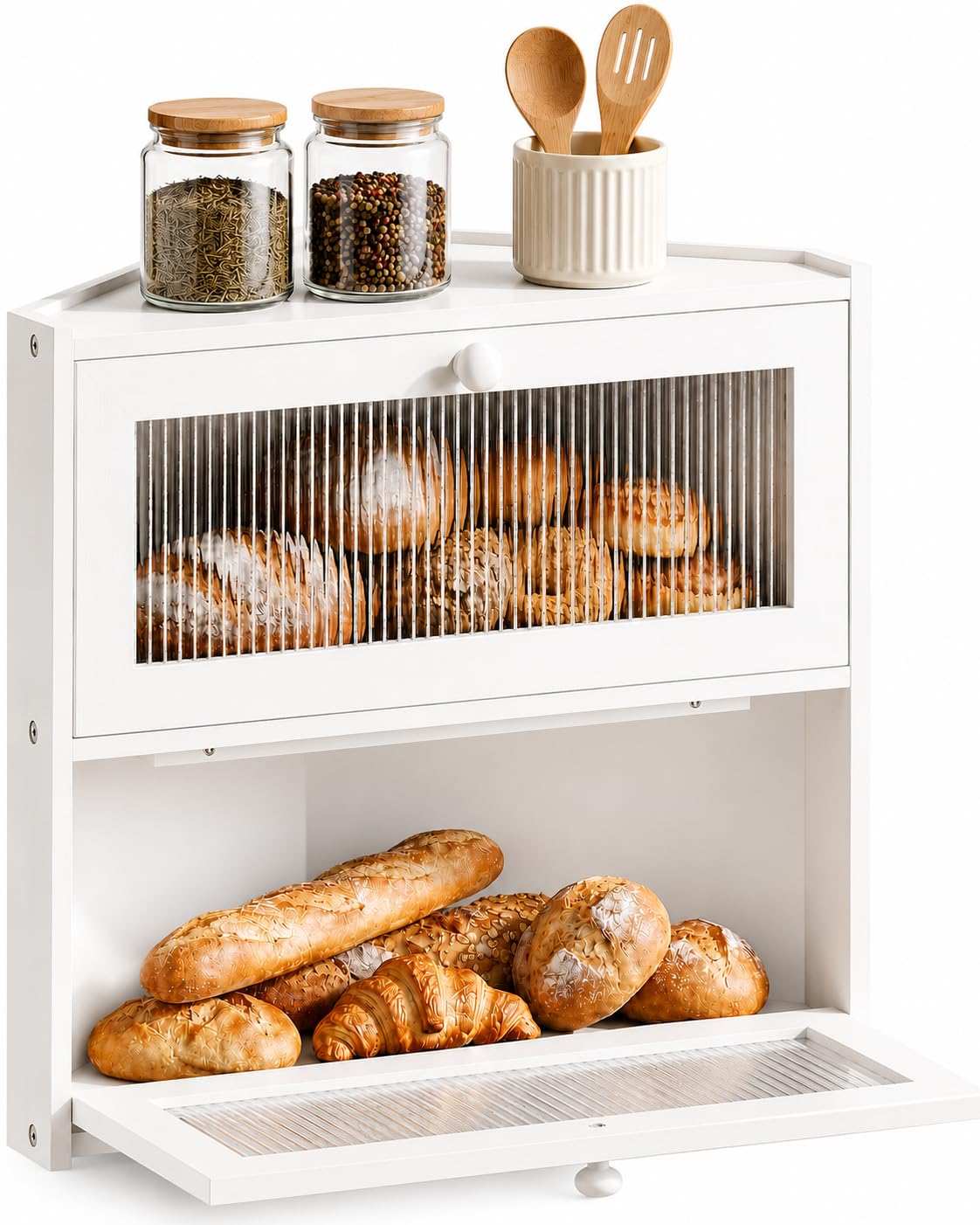 White Double Layer Bamboo Corner Bread Box I96866